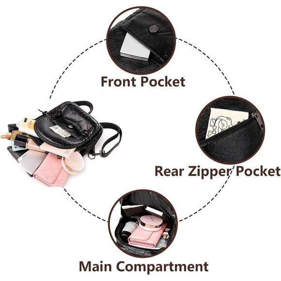 Women Soft Washed PU Black Leather Mini Waterproof Stylish Daypack Shoulder Bag - Picture 5 of 7